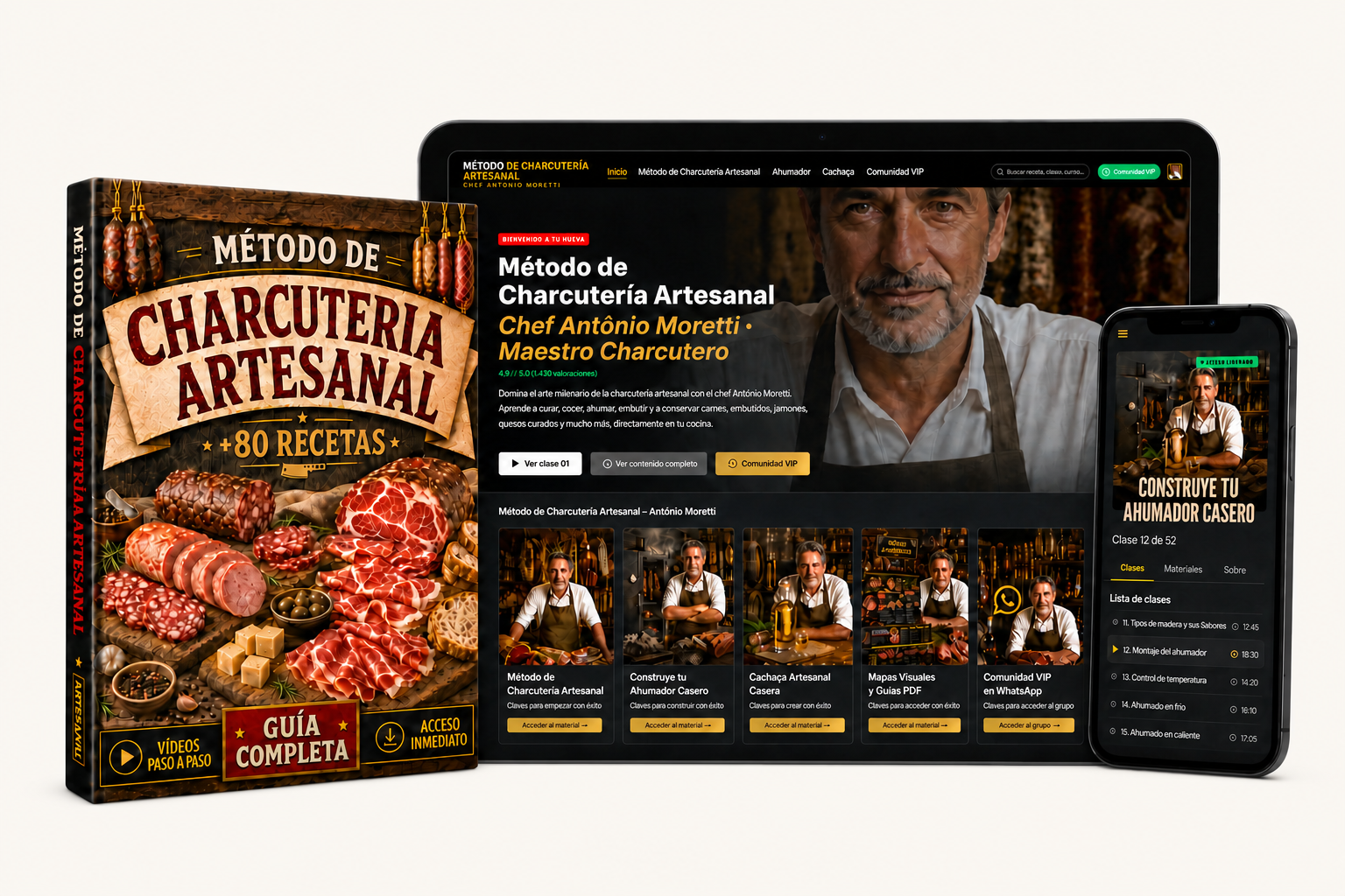 Método de Charcutería Artesanal en libro, tableta y móvil